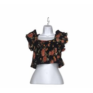 BOG Collective Top Womens Large Black Floral Puff Sleeve Smocked Crop Tie Boho